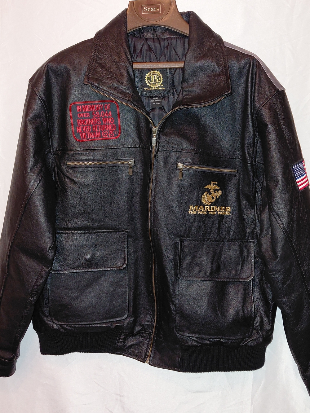 Vintage Vietnam Veteran Black Leather Marines Embroidered Bomber Jacket
